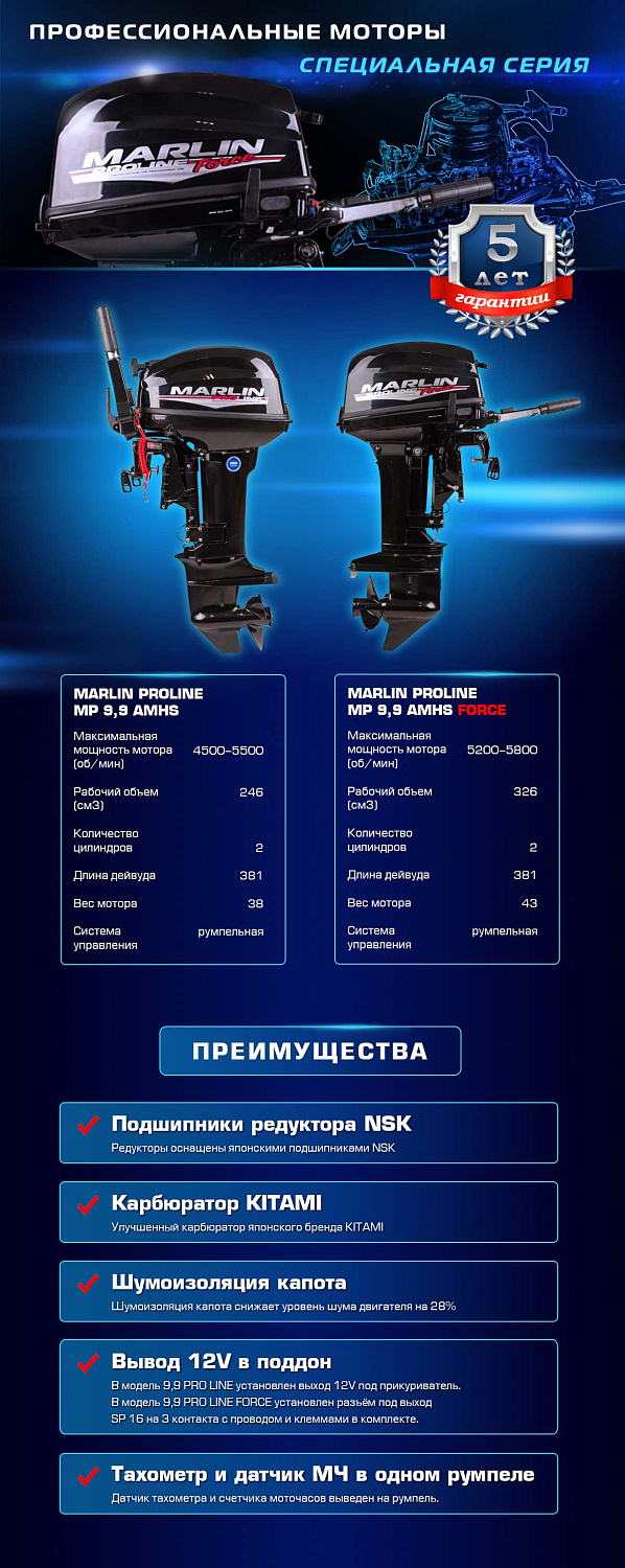 Лодочный мотор MARLIN PROLINE MP 9.9 (20) AMHS FORCE в Саранске